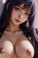 Anime girl with purple hair and big tits posing for the camera.