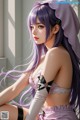 A woman with long purple hair sitting on a window sill.