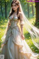 A woman in a wedding dress standing in a forest.