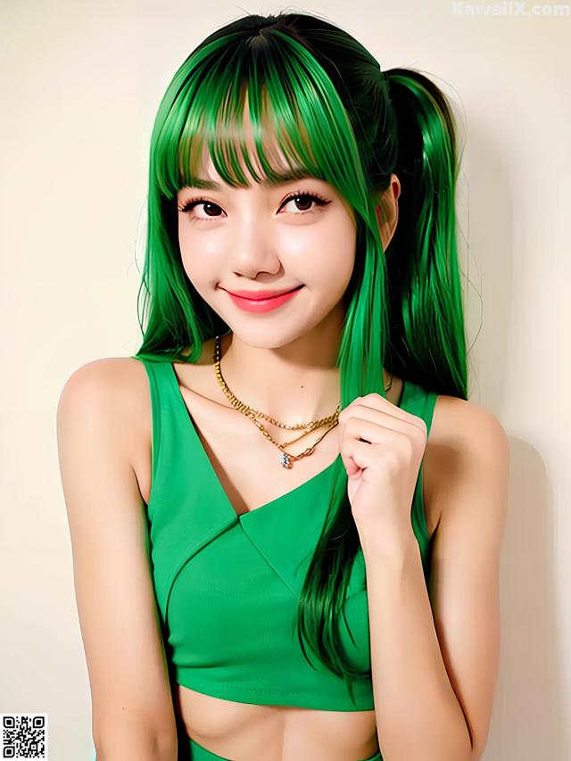 A woman with green hair wearing a green top.
