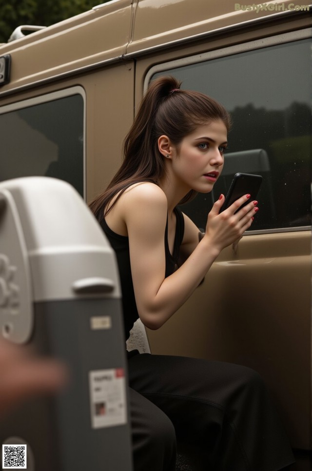 A woman sitting on a bus looking at her phone.