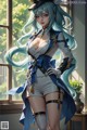 A woman with long blue hair standing in front of a window.