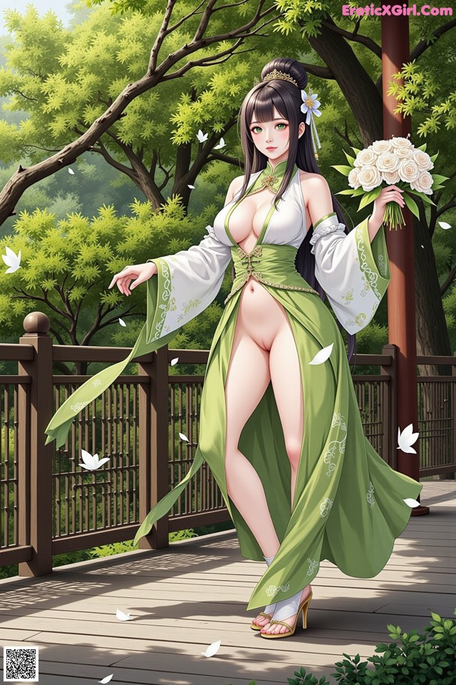 A woman in a green dress holding a bouquet of flowers.