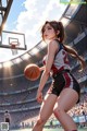 A woman holding a basketball in front of a basketball court.