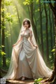 A woman in a wedding dress standing in the woods.