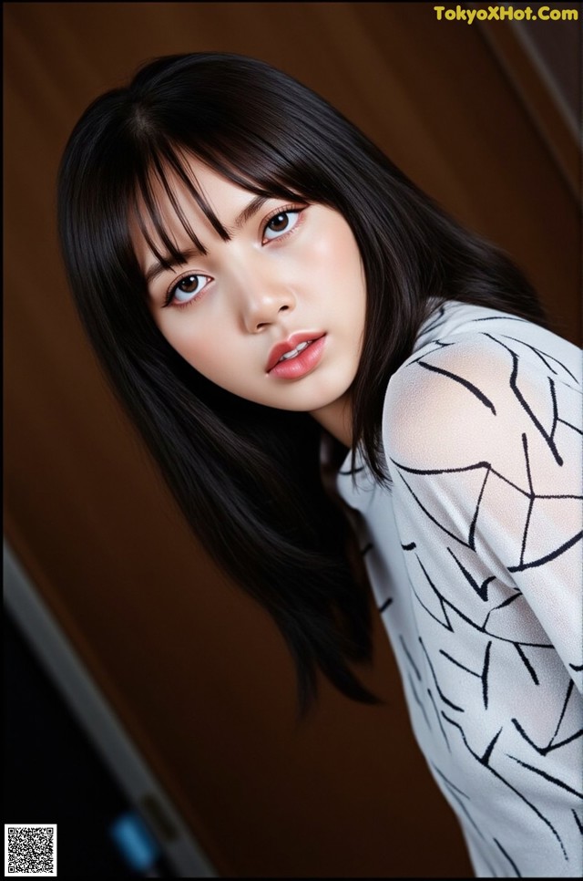 A woman with long black hair wearing a white shirt.