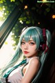 A girl with long green hair wearing headphones.