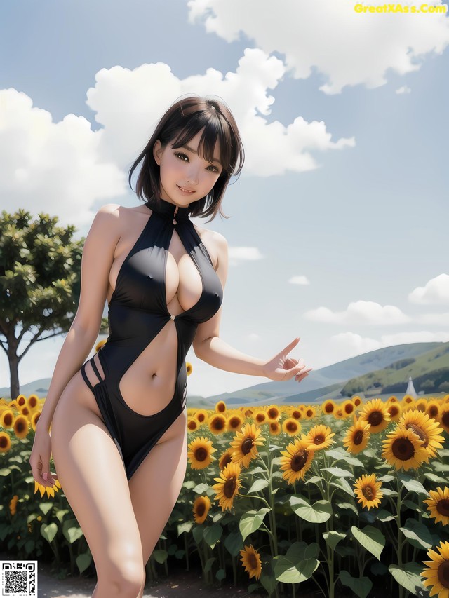 A woman in a black bathing suit standing in a field of sunflowers.